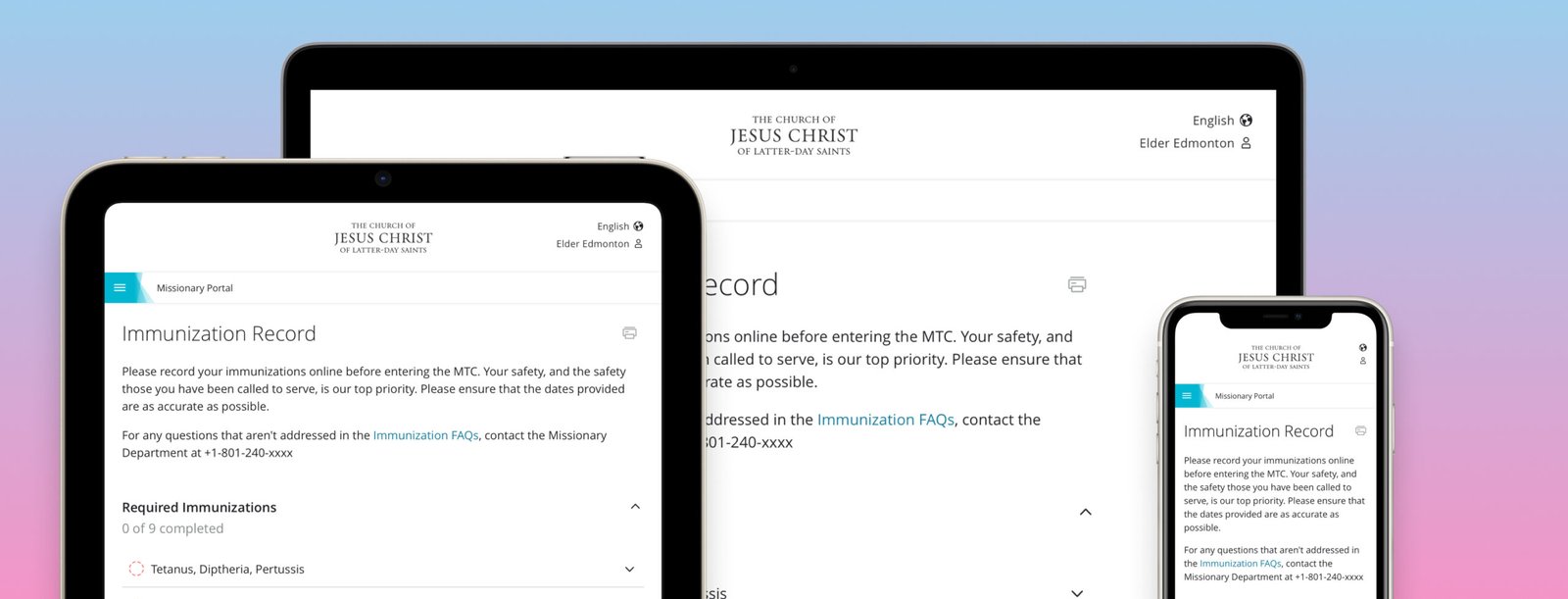 Sample screens from the Missionary Portal section for Immunization Record